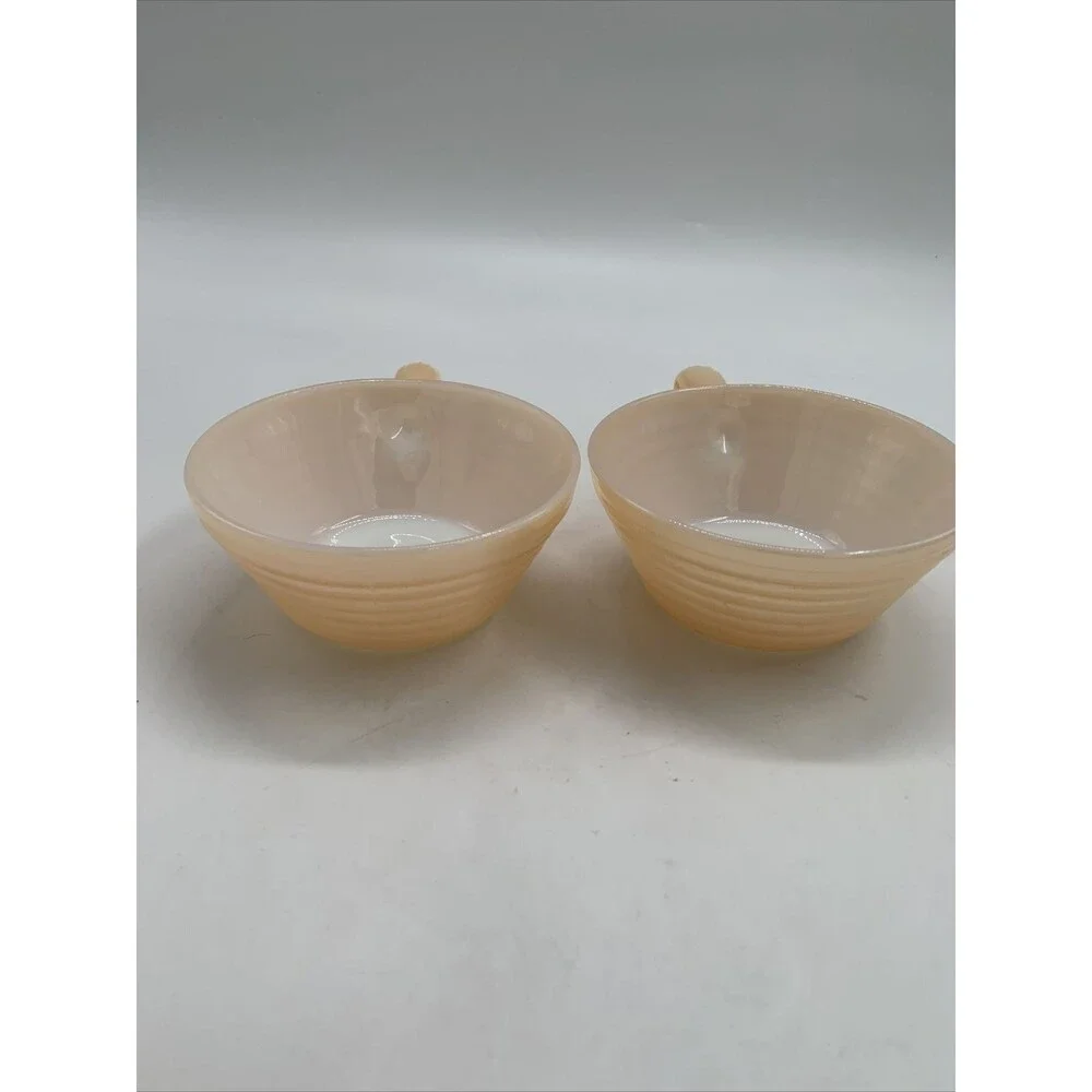 4 Vtg. Anchor Hocking Fire King Ware Peach Luster Beehive Handled Soup Bowl 14